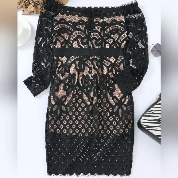 Black Off-Shoulder Long Sleeve Lace Dress - Picture 4 of 7